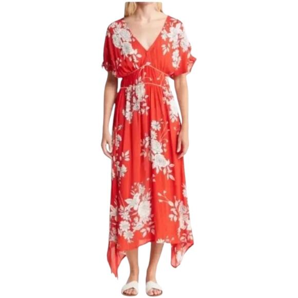 RAGA NWT Rohit Floral Sharkbite Hem Midi Dress Red Size S Empire Waist Chiffon - Picture 1 of 10